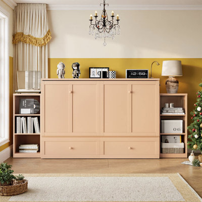 Queen Size Murphy Bed With Storage Drawers & Shelves, Wall Cabinet Design, Pine/MDF Construction