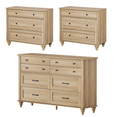 Scarlett 3 Piece Bedroom Set - Includes Mid Century 8 Drawer Dresser, Set Of 2 Bedside Tables With 3 Drawers, 3 Piece Dresser And Nightstand Sets