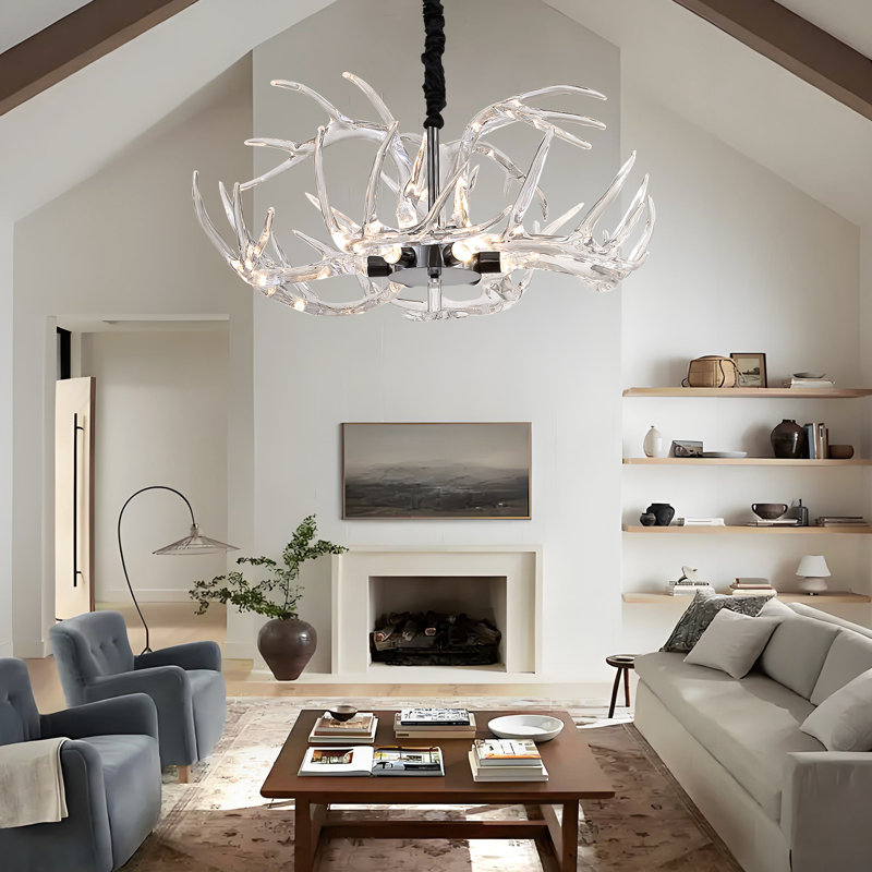 Acrylic Antler Chandelier Ceiling Light Fixtures, Clear Deer Antler Chandelier Lighting, Dimmable Deer Horn Pendant Light - Curved Antler & 29.9" Single Tier 9 Lights