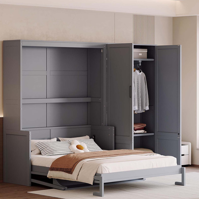 Grand lit escamotable mural avec placard, gris, Gris