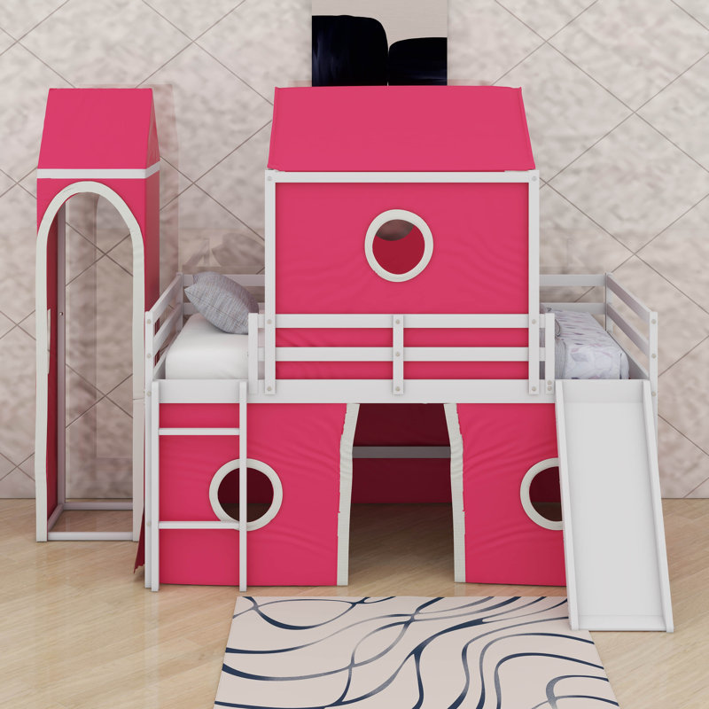 Lit mezzanine simple avec glissade et tour, Rose
