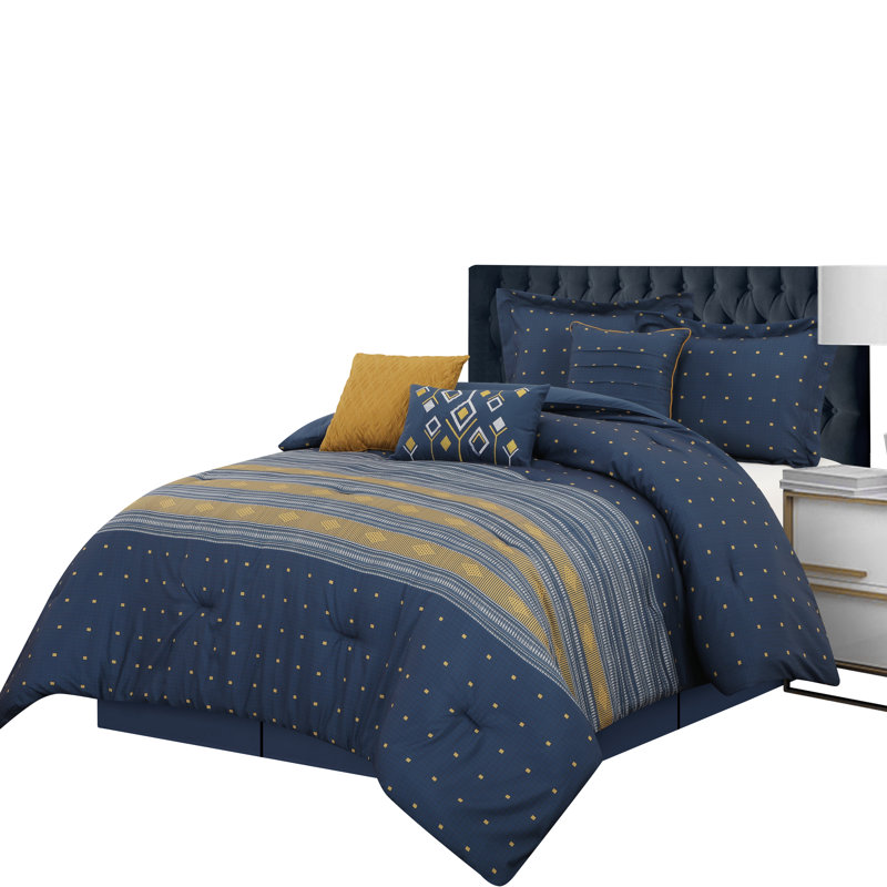 Ensemble d'édredon géométrique bleu marine 7 pièces, Cal. Édredon très grand + 2 taies décoratives t