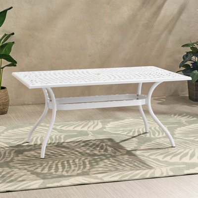 Table de jardin rectangulaire en aluminium moulé, ornée de motifs floraux, compatible avec parasol, 170 cm L x 95 cm P x 75 cm H, blanche. Support de parasol inclus.