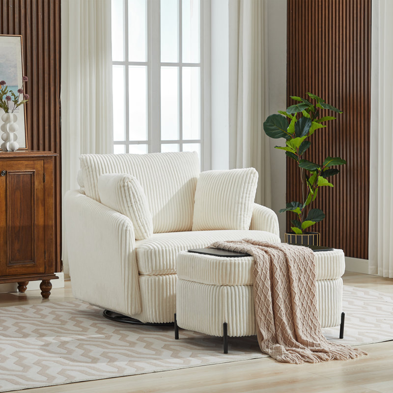 Chaise pivotante rembourrée avec repose-pieds avec rangement, Velours côtelé ivoire