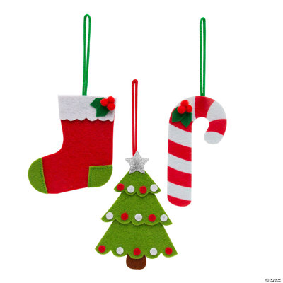 4 3/4 - 5 1/4 Inch Christmas Icon Candy Cane, Tree & Stocking Felt Ornaments - 12 Pc.