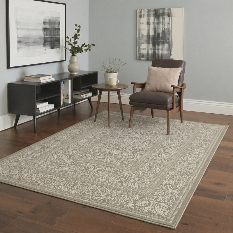 Vintage Damask Scrolls Machine Washable Sand Beige Indoor Area Rug With Non-Slip Backing, Rectangle 6' x 9'