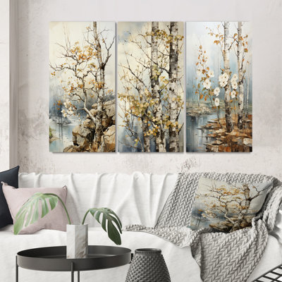 3 pièces sur toile - Sycamore symphonique arbre gris beige