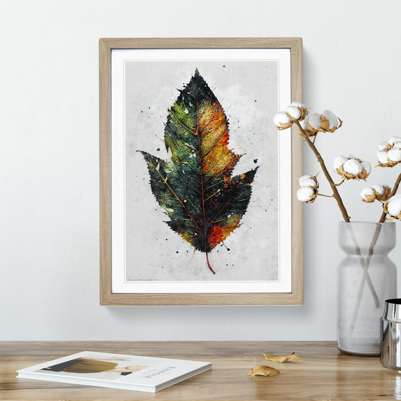 Paint Splashed Leaf - Framed Print, 34cm H x 25cm W x 2cm D, Oak