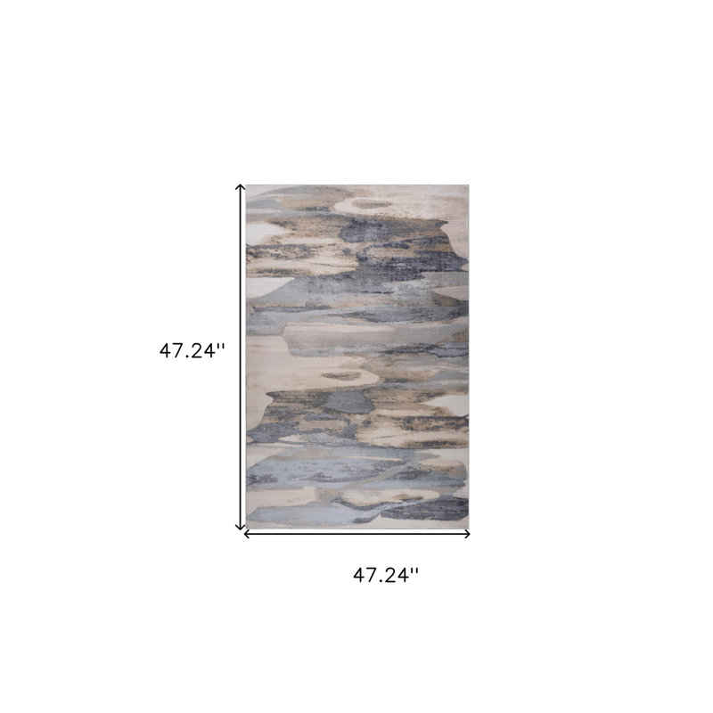 Tapis bleu et beige abstrait délavé 4 pi x 6 pi