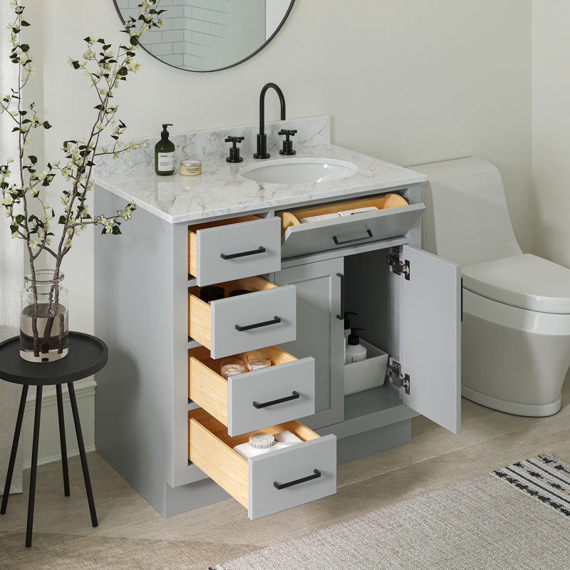 Meuble-lavabo simple Jameal de 36 po en bois massif avec comptoir en marbre de Carrare de 0,75 po et lavabo ovale dÃ©calÃ© Ã  droite