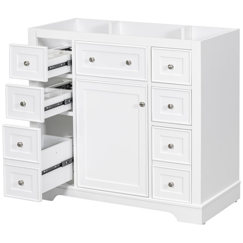 Meuble-lavabo de 91 cm (36 po) sans vasque. Base en bois massif blanc. 6 tiroirs. Surface étanche. Assemblage requis. Base blanche, 1 tiroir, construction moderne, peint.