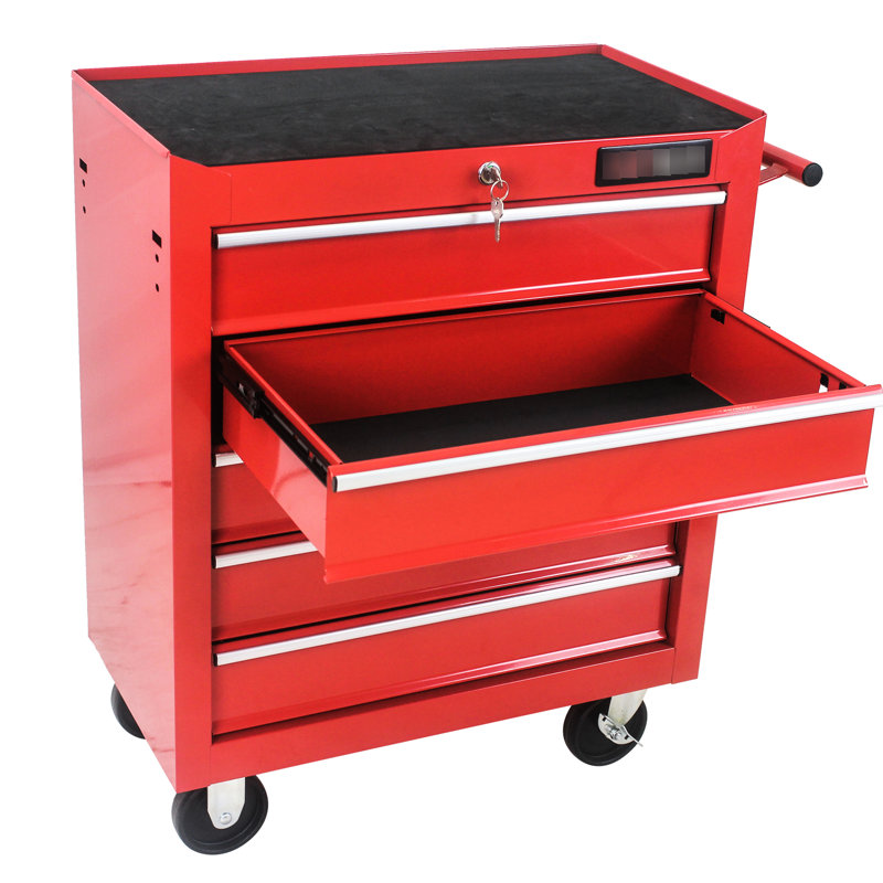 5 Drawer Tool Cabinet With Lock And Swivel - Red Coated Steel For Garage Space 5 Wheels Locking System Storage, Red