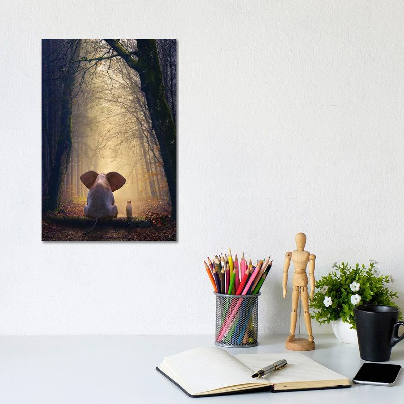 Elephant And Dog Sit In The Autumn Forest by Mike Kiev - Wrapped Canvas Print, 20.32 cm H x 30.48 cm W