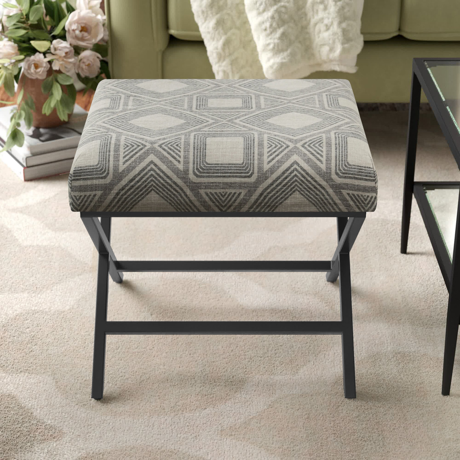 Priscilla Upholstered Ottoman, Charcoal Geometric