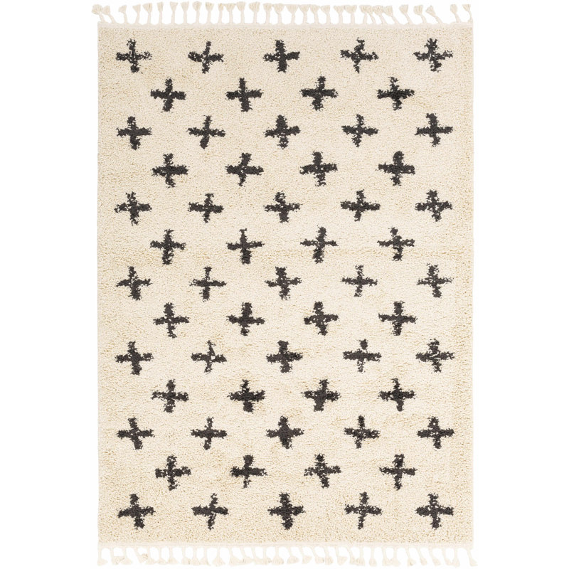 Tapis beige / noir à poils longs Adeewa, Rectangle 6 pi 7 po x 9 pi