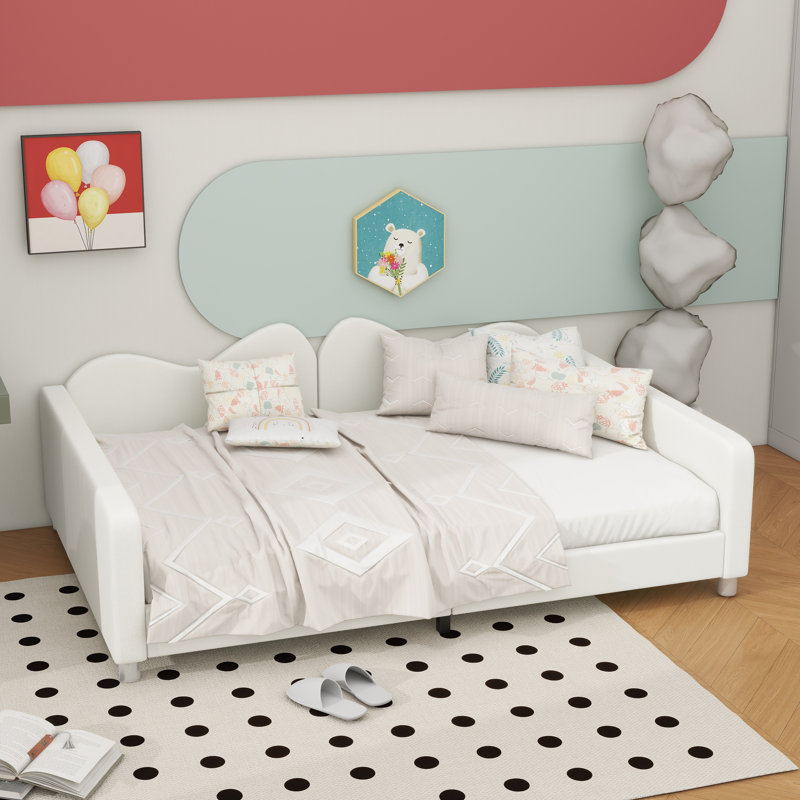 Full Size Upholstered Daybed, Sherpa Fabric Sofabed With Cloud-Shaped Backrest, No Box-Spring Needed, White, White