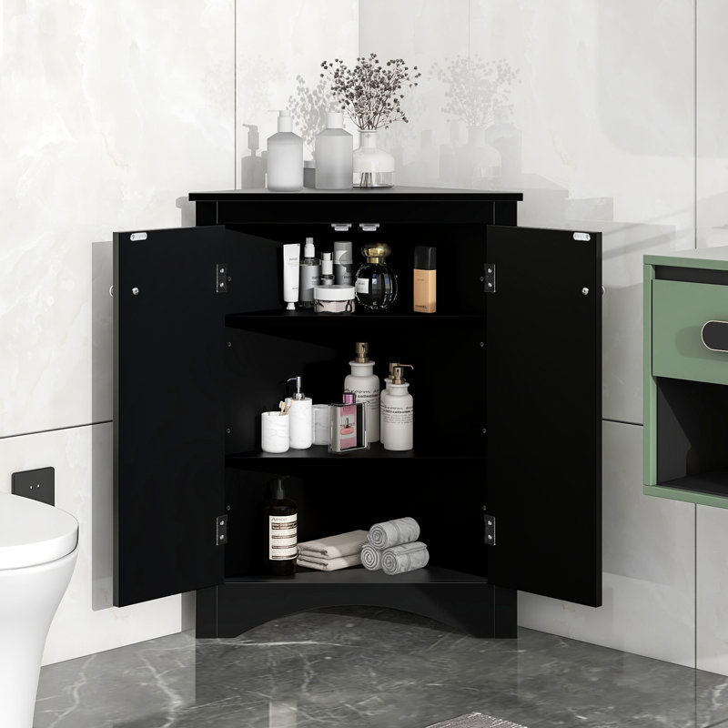 Armoire triangulaire noire avec tablettes réglables pour salle de bain moderne et espace spacieux, Noir