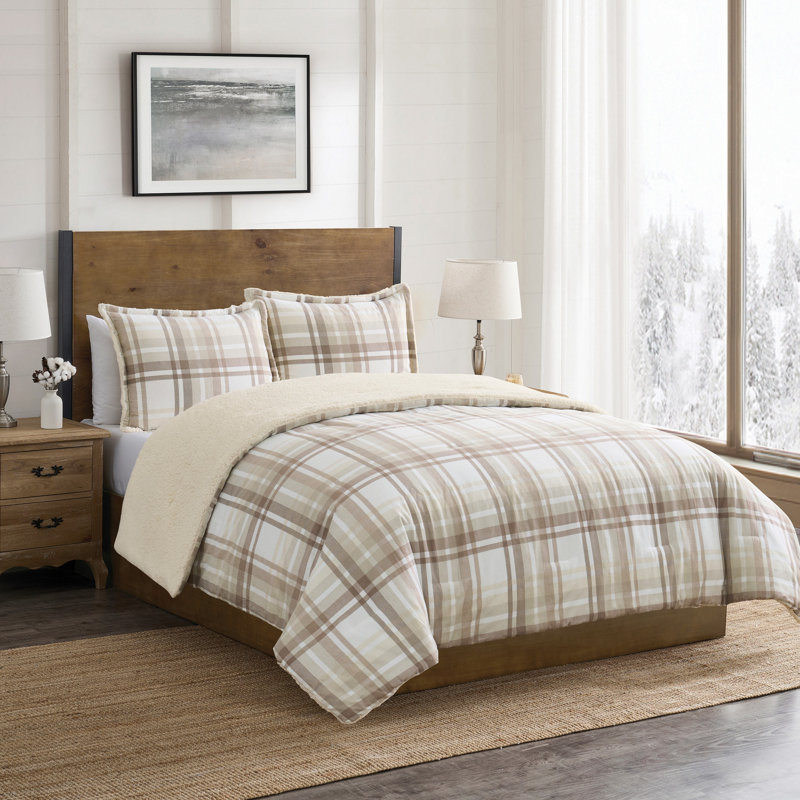 Ensemble d'édredon en flanelle de coton brossé et sherpa 3 pièces Plaid, Taupe