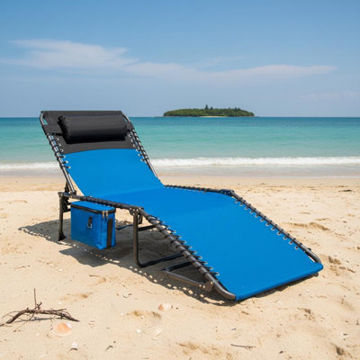Folding Chaise Lounge Chair with Side Pocket, 5-Position Adjustable Recline, Includes Pillow, Portable for Pool, Beach, Patio,Bule