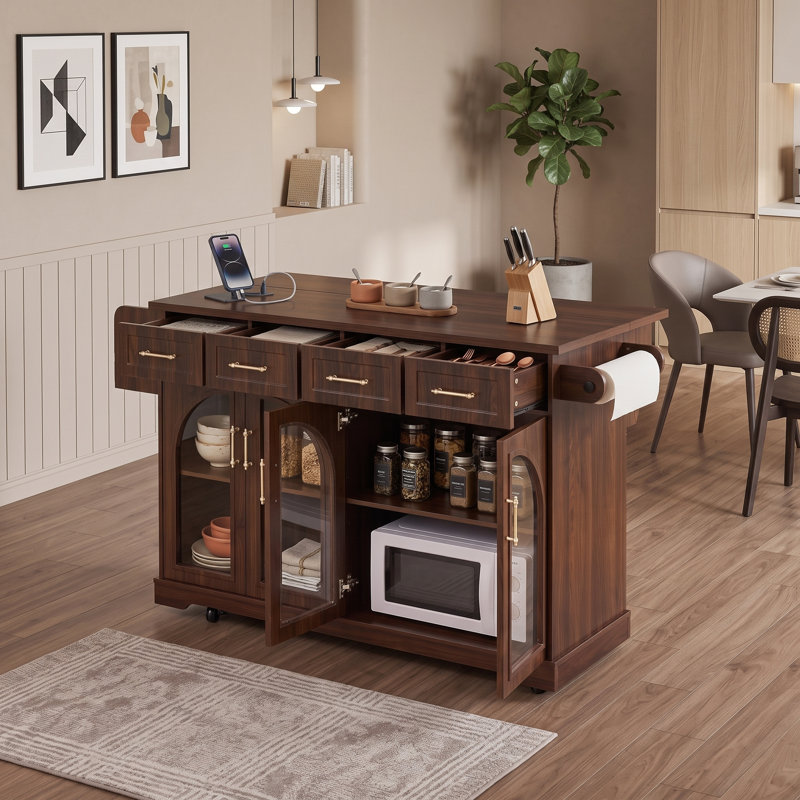 Îlot de cuisine moderne avec abattant, portes en verre arquées, station de charge intégrée, tiroirs de rangement et roues verrouillables