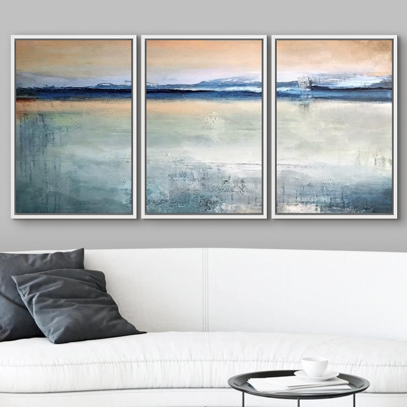 «Minimal Landscape Minimal Blue Paint Stroke Landscape Abstract Shapes Modern Art Decor Chic on Canvas», reproduction de 3 pièces