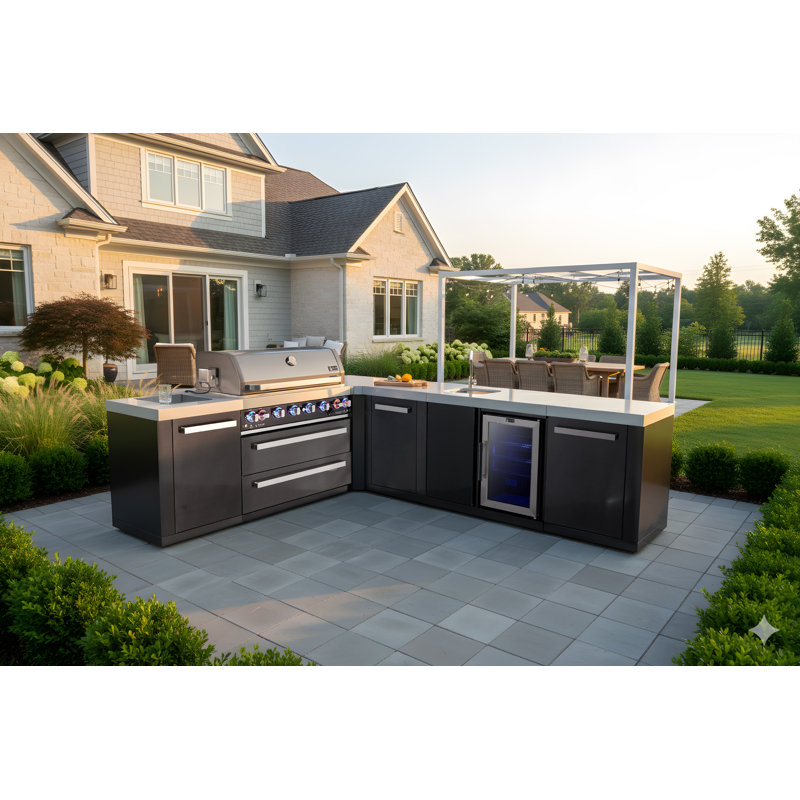 Mont Alpi Mai805-bss90bevxl 6-burner 94"x113" L-shaped Premium Black Stainless Steel Outdoor Kitchen Island Gas Grill + Beverage Center Sink & Faucet + Refrigerator + Granite Countertops + Rotisserie