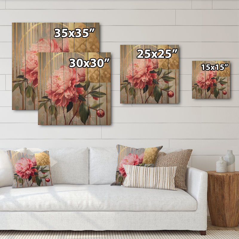 Perfection de la pivoine rose et jaune sur bois, H 35 po x l 35 po x P 0,78 po