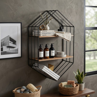Étagère de rangement murale en métal et bois avec cadre en fer noir Ljiljan, tablettes en contreplaqué brun rustique, présentoir suspendu pour la maison, le bureau, la chambre à coucher ou le salon - Décoration murale industrielle moderne - 34 po