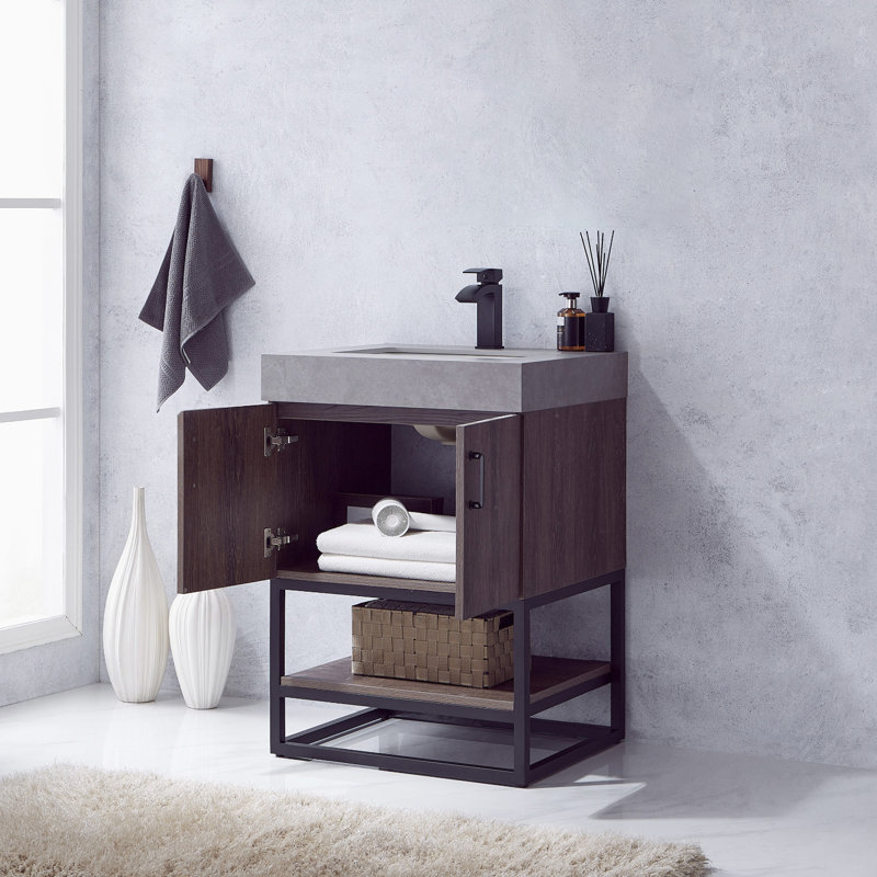 Ensemble de meuble-lavabo simple l 24 po Alistair, Noir mat, Chêne naturel, Blanc