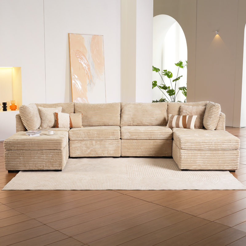 Canapé modulaire en tissu de polyester 6 pièces Cloudelle, Velours côtelé noir