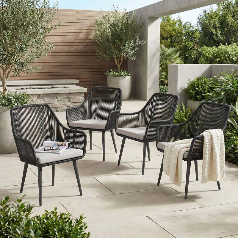 Wicker Premium All-Weather Wicker Outdoor Dining Armchair with Cushion, Black Frame/Light Gray Cushion