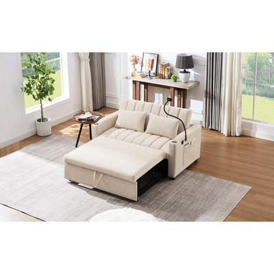 Beige Living Room Furniture - Convertible Bed With Ports, 2 Pockets And Cup Holders Adjustable In 3 Side Pockets, & 360 Phone Holder Service Life