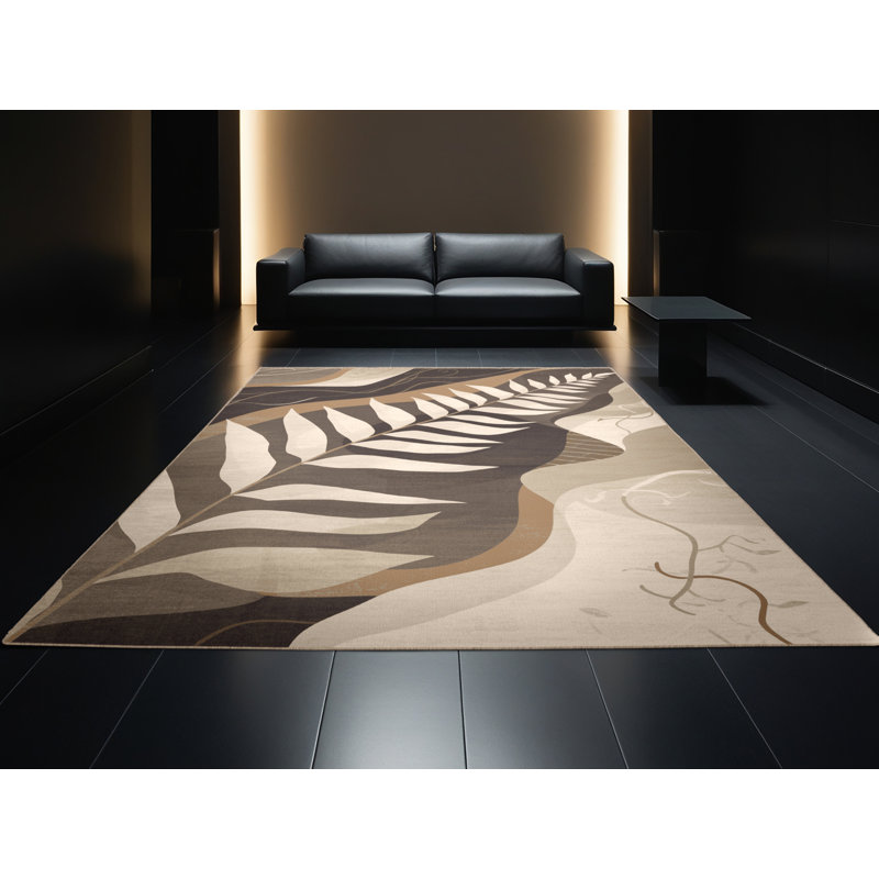 Tapis abstrait moderne et contemporain lavable à la machine en fougère Parrilla beige - reliure beige, 6 po de diamètre