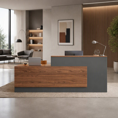 Bureau d'accueil en L de 221 cm avec comptoir, comptoir avant moderne avec armoire de rangement, étagères ouvertes, tiroir verrouillable et tablette pour clavier, idéal pour bureau, hall d'entrée et caisse, finition noyer rouge et gris fer, côté gauche