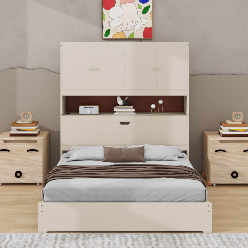 Lit plateforme double en bois avec USB, tête de lit et tiroirs de rangement, Crème, crème
