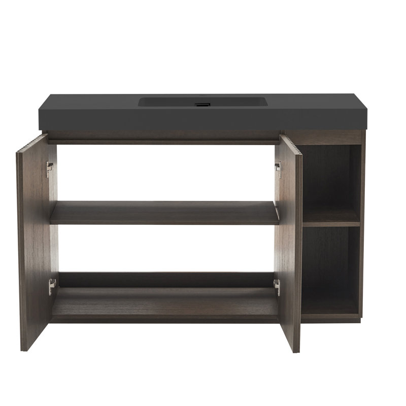 Meuble-lavabo en chêne fumé de 48 po avec lavabo en quartz noir, essentiel moderne, conception cannelée, poignées cachées, intérieur réglable, fixation murale à bout, charnières à fermeture en douceur, assemblage facile, personnalisable