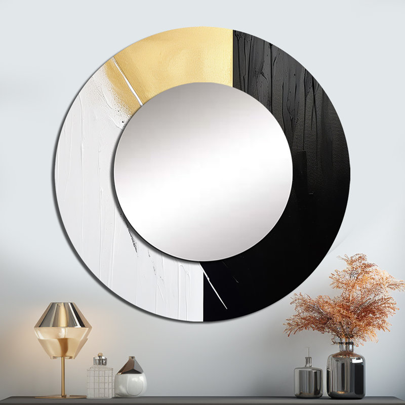 Minimal Joy en noir et or IV - miroir décoratif peinture abstraite, miroir mural rond moderne, impression d'art en métal