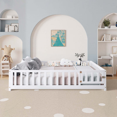 Full Size Floor Platform Bed With Fence And Door For Kids
