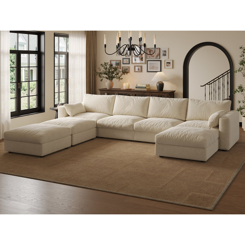 Canapé modulaire de 128 po avec rangement, Chenille beige, H 39 po x l 128 po x P 93 po 