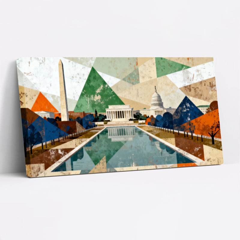 Ensemble de 1 tableau abstrait géométrique représentant les monuments de Washington D.C., H 28 po x l 58 po