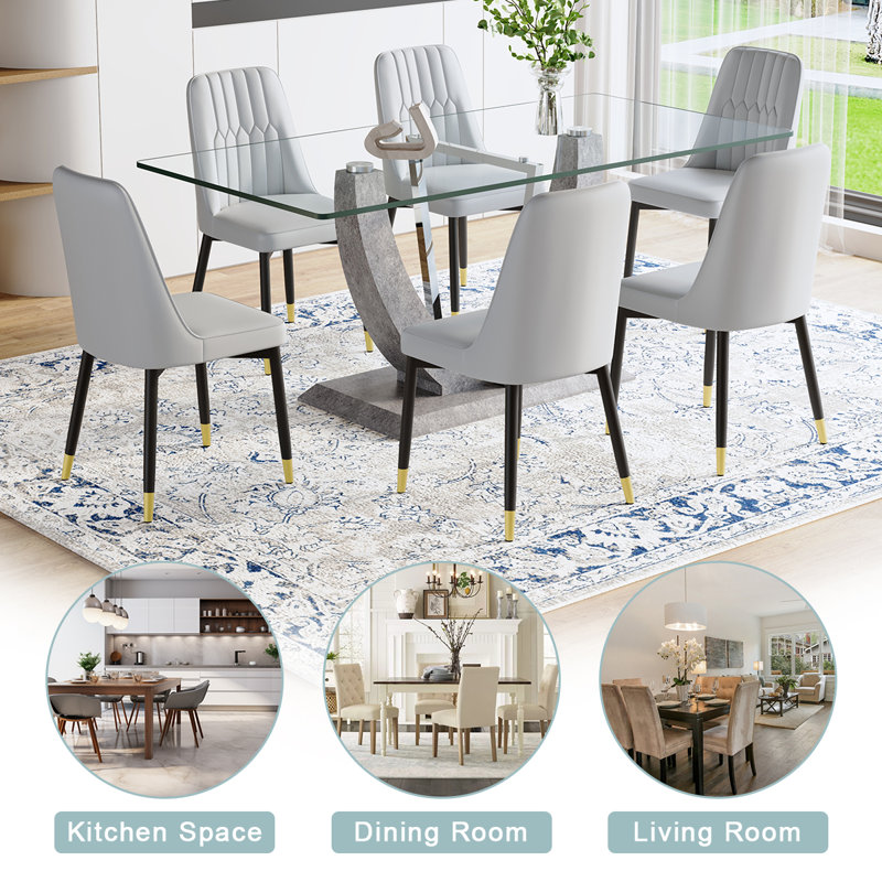 71'' Modern Glass Dining Table Set For 6-8,Ideal For Family Gatherings, 9 Pieces: Table, 8 Chairs, Gray