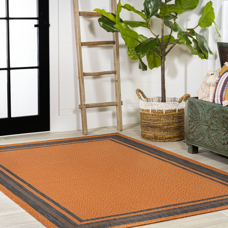 Hastin Modern Border Stripe Orange/Dark Gray Indoor/Outdoor Rug, Rectangle 3' x 5'
