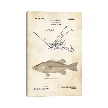 Largemouth Bass Fishing Lure by Patent77 - Wrapped Canvas Graphic Art East Urban Home Size: 26 H x 18 W x 1.5 D