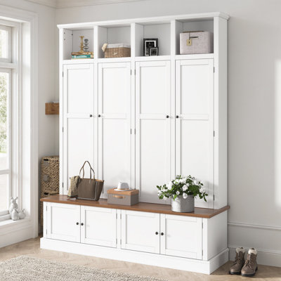 76.7" Farmhouse Hall Tree with Bench & Cabinet, 4-in-1 Entryway Organizer with Coat Rack, Open Cubbies, Hooks & Enclosed Storage, Freestanding MDF Cabinet for Hallway, Living Room