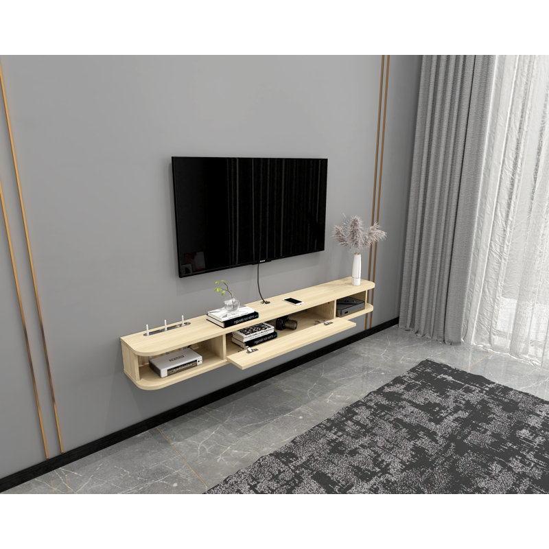 Meuble télé flottant pour téléviseur, 70.86'' W X 7.12'' D X 9.29'' H, Blanc-gris