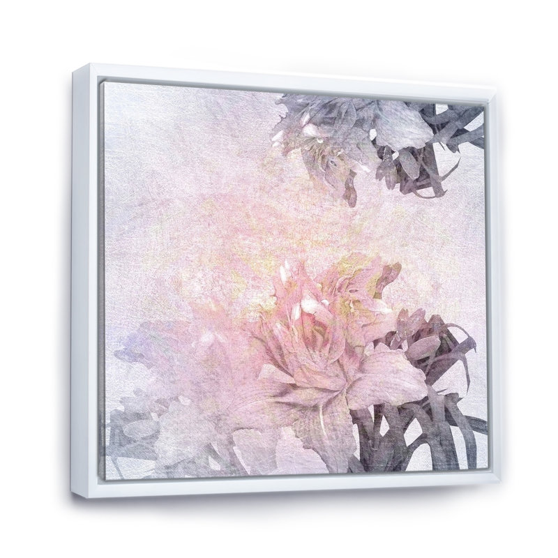 Fleurs roses rétro - peinture, H 16 po x l 16 po x P 1 po, Cadre flottant blanc