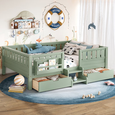 Twin with built-in bookshelves and storage drawers, Safety Staircase design and high-quality safety rails,Green