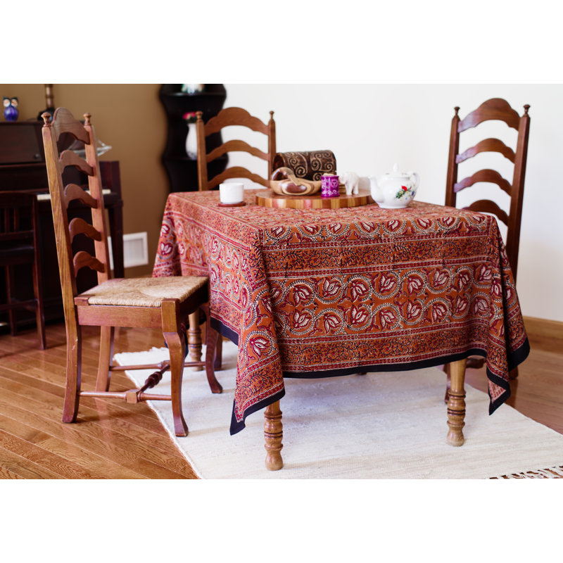 Oppenheimer Dabu Vine Block Printed Tablelcoth, 90" x 60", Orange