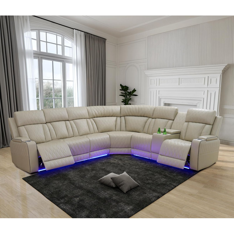 3-Piece Vegan Leather Home Theater Power Reclining Living Room Sectional Sofa Set With Wireless Chargers And LED Lights