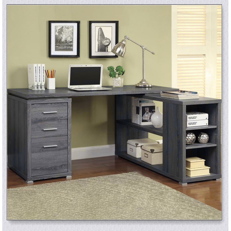 Bureau en L avec tiroirs et tablettes, gris vieilli